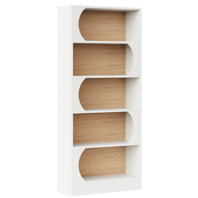 Bibliothèque étagère avec 5 tablettes incurvées modernes, bois blanc moderne de 71 pouces