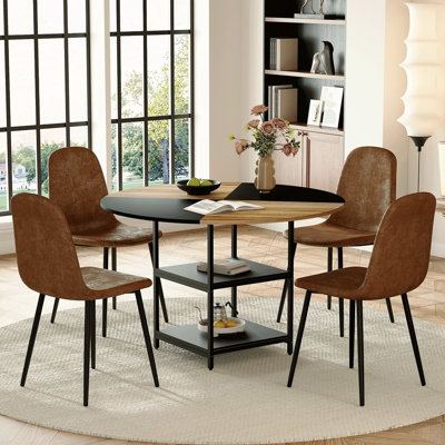 Ensemble de table et de chaises.Une table de salle à manger circulaire épissée de couleur moderne - rangement double couche.Avec 4 chaises confortables en tissu brun avec pieds en métal noir.