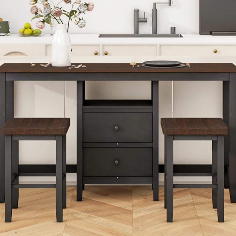 Ensemble de table de salle à manger à hauteur de comptoir en bois 3 pièces avec armoire, 2 tiroirs de rangement et 2 tabourets pour petits espaces Farmhouse