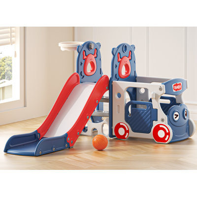 4 In 1 Toddler Slide, Bus-Themed Kids Slide With Basketball Hoop, Indoor Outdoor Playset