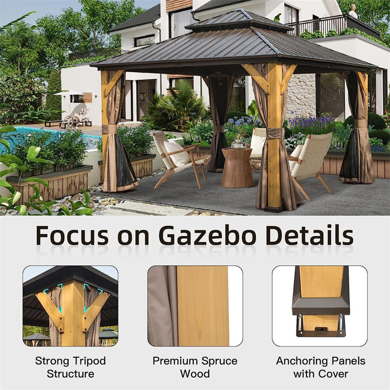 12' x 12' Brown Aluminum Hardtop Patio Gazebo with Curtains