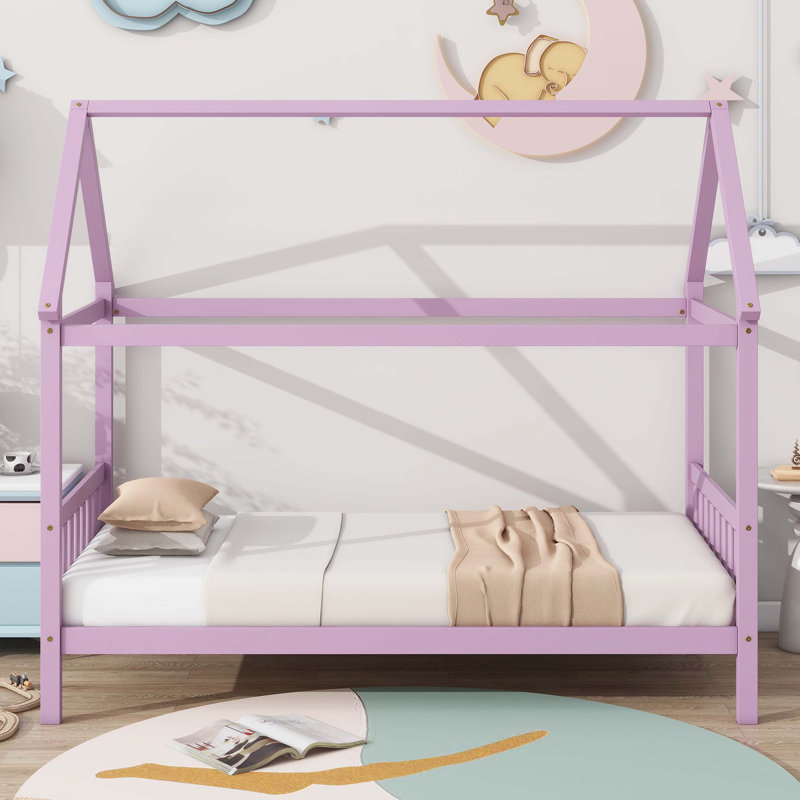 Lit en bois d'hévéa rose avec tête de lit, pied de lit et structure de maison, Rose