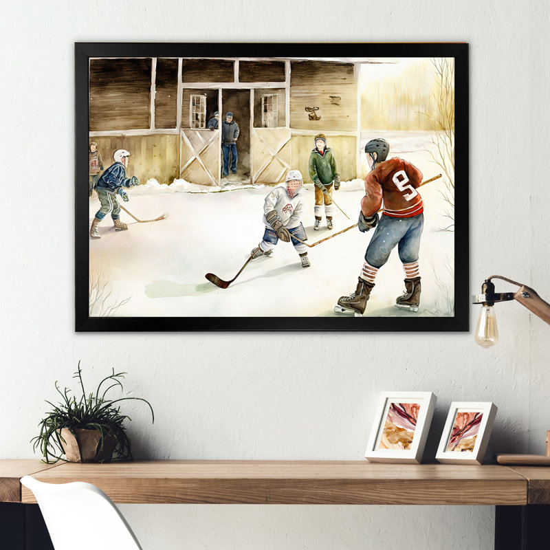 Enfants jouant au hockey sur la patinoire II - Impression sur toile, H 16 po x l 32 po x P 1 po