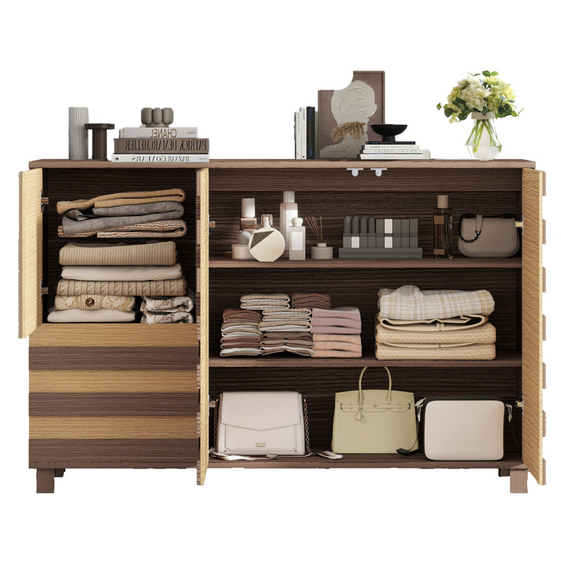 55.4" Fluted Buffet Cabinet With Storage, 3 Door Carved Accent Sideboard Cabinet, Brown/Yellow