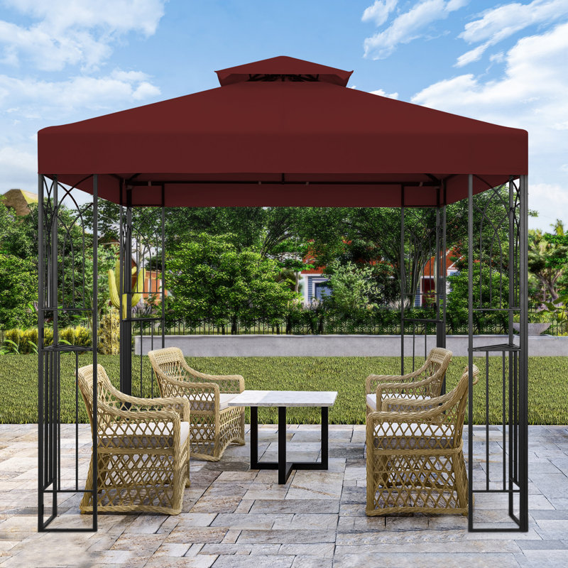 8x8 Red Metal Patio Gazebo with Corner Shelves