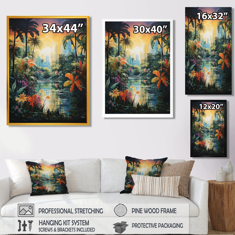 Oasis tropicale, palmiers, paradis du sud - décor d'art mural bord de mer tropical, Toile avec cadre flottant noir