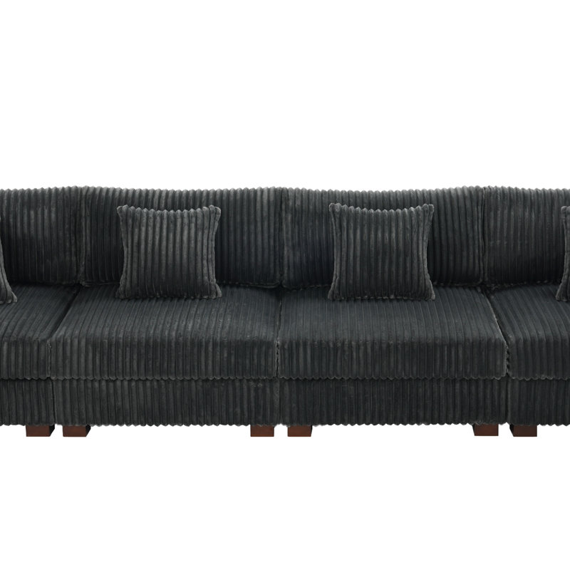 4 - Piece Upholstered Gray Faux Rabbit Fur Flannel Modular Sectional Sofa with Armrests & Throw Pillows, Gray
