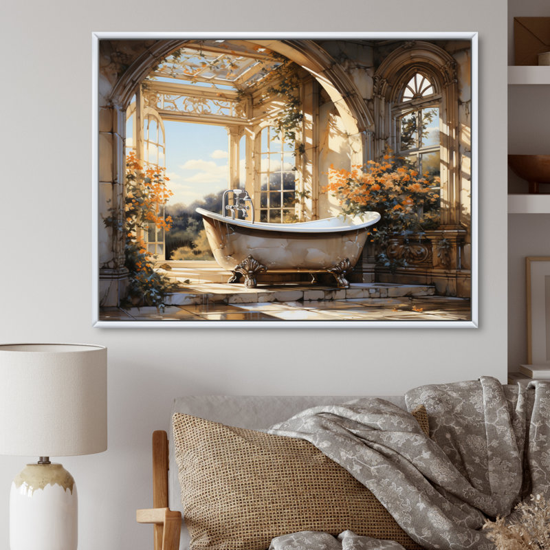 Bathroom Golden Luxe I - Print, White Floater Framed, 34" H x 44" W x 1.5" D