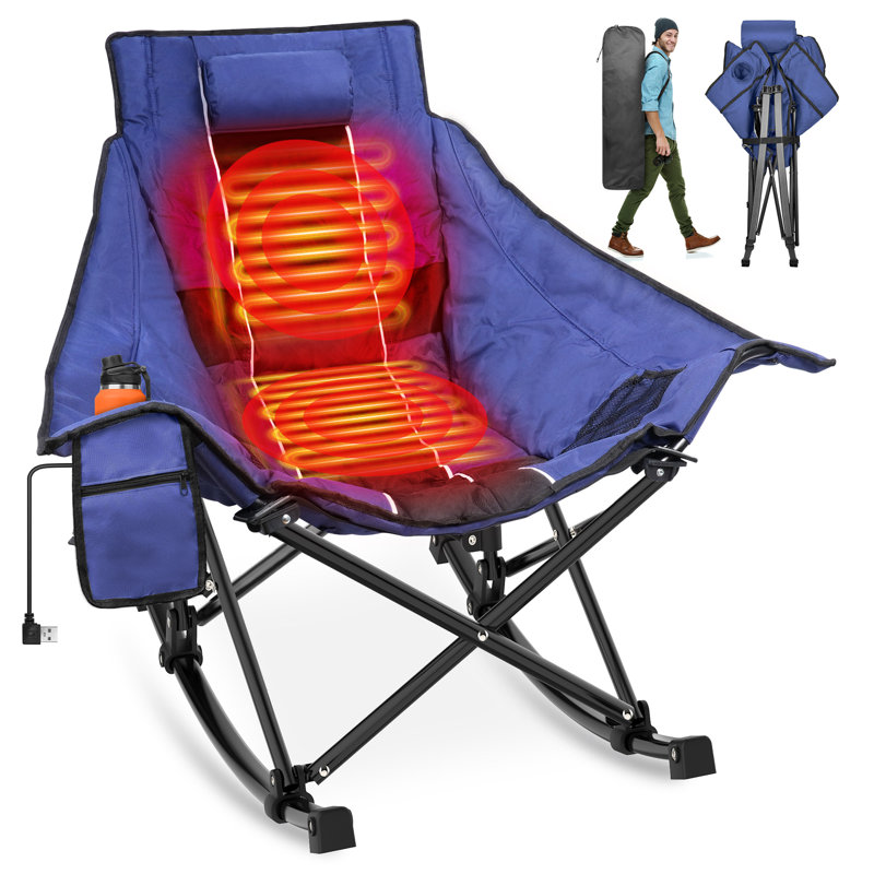 Heated Rocking Camping Chair, 3 Adjustable Heat Settings Oversized Portable Foldable Camping Chair, Black/Gray