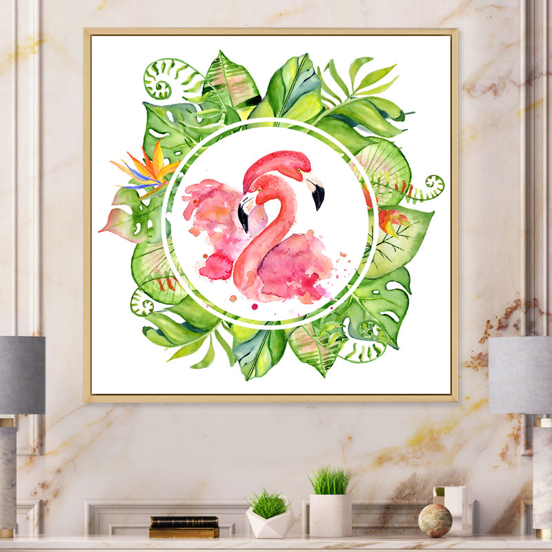 Portrait de flamant rose II - art mural sur toile tropicale, H 30 po x l 30 po x P 1 po, Cadre flottant brun