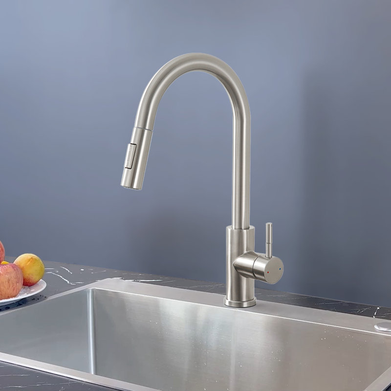 Robinet d'évier de cuisine à poignée simple rétractable en nickel brossé, Nickel brossé