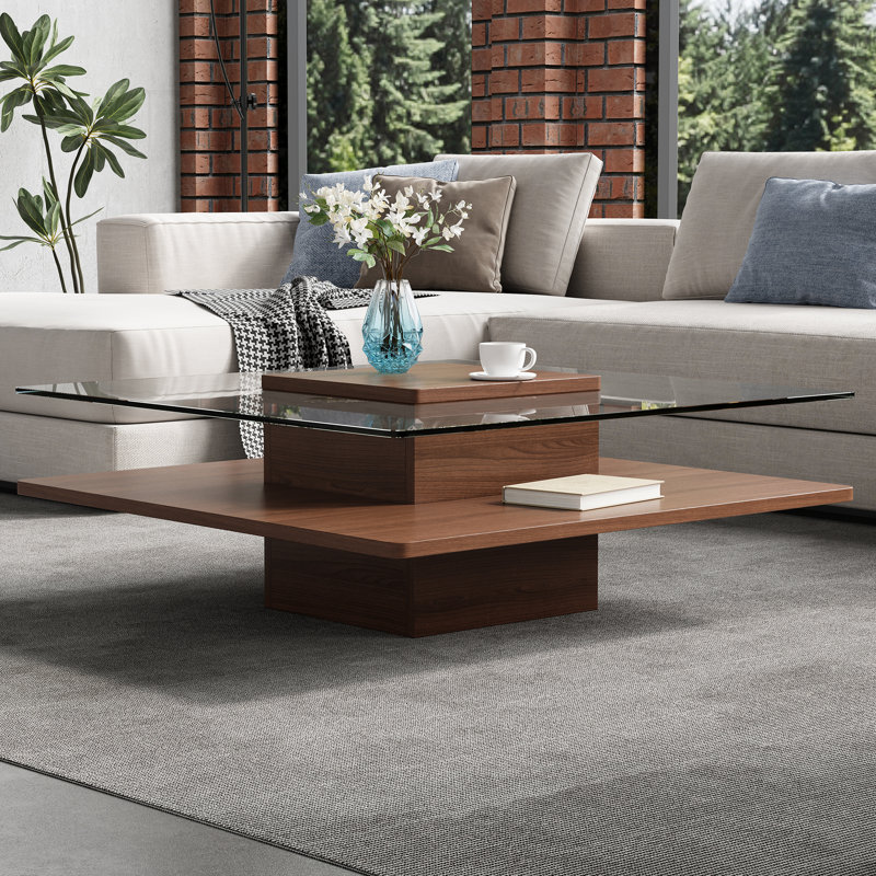 Table basse 31,50 "carrée avec plateau en verre trempé transparent et tablette de rangement, Transparent / noyer