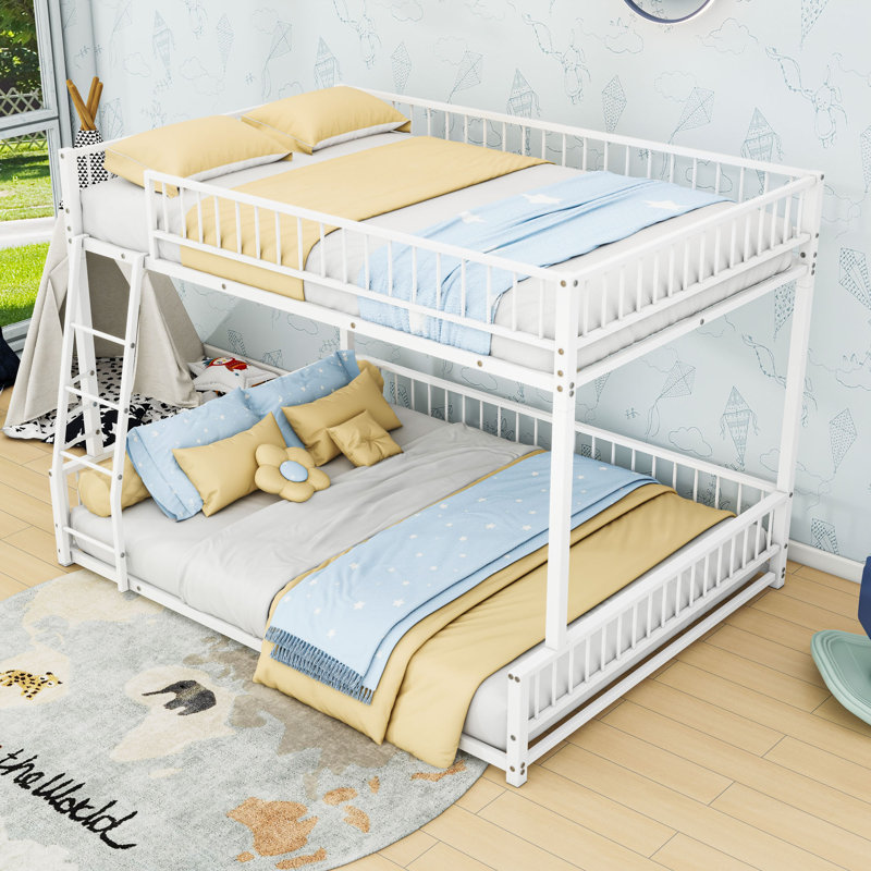 Metal Floor Bunk Bed With Ladder And Guardrails, Full XL over Queen, White