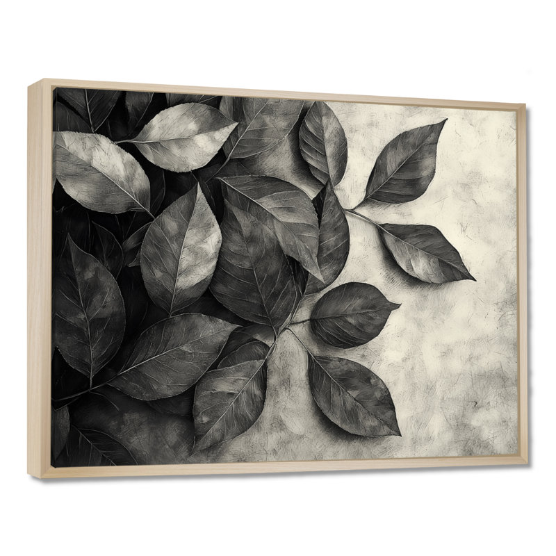 «Gray Rustling Autumn Leaves I», art mural grandes feuilles, H 24 po x l 32 po, Impression encadrée flottante, Crème, crème