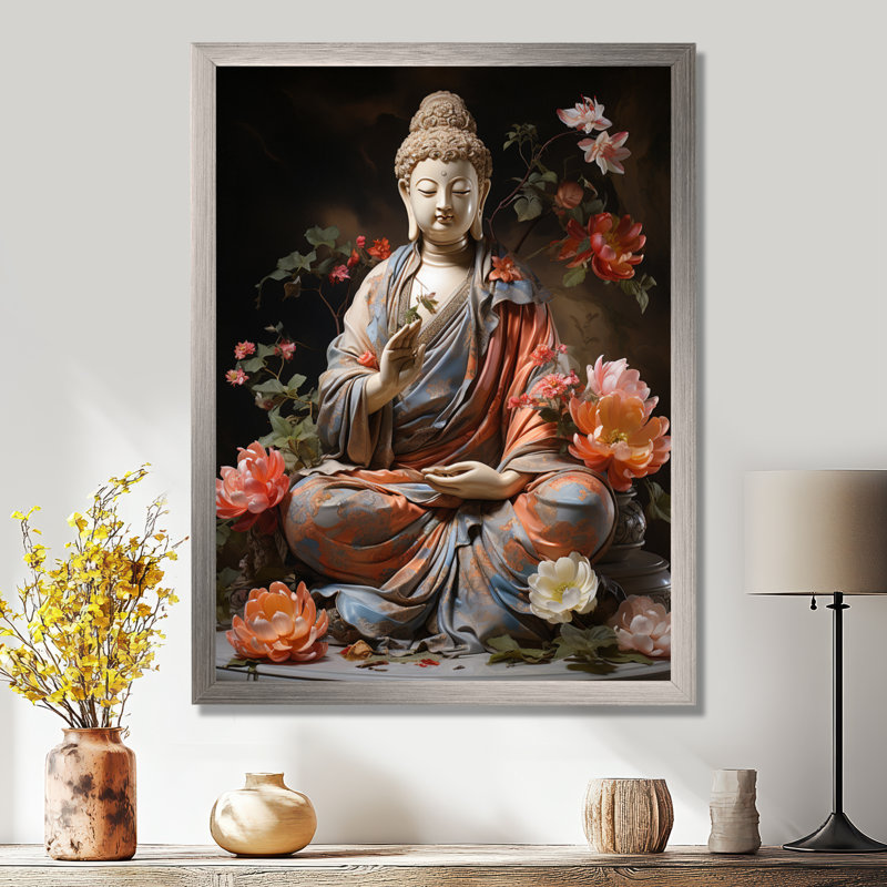 Corail gris bouddhiste Art bouddhas geste - décoration murale bouddhisme, L 34 po x H 44 po x P 1,5 po, Cadre simple argenté