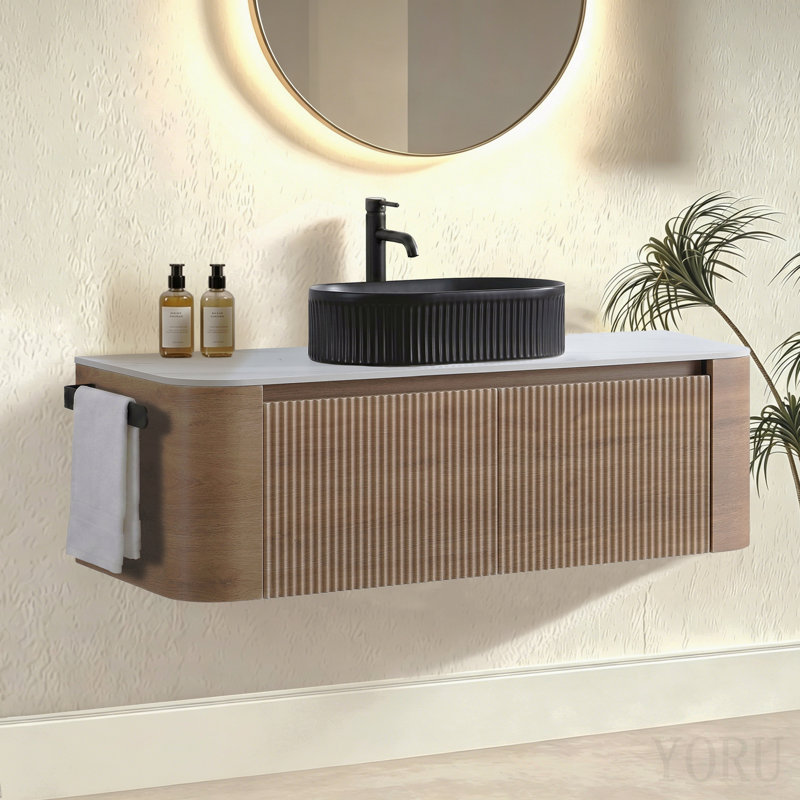 Meuble-lavabo de 48 po avec lavabo, armoire murale en chêne miel avec porte-serviettes gratuit, lavabo simple en céramique à rayures ovales noires, sans bonde ni robinet, pré-assemblé