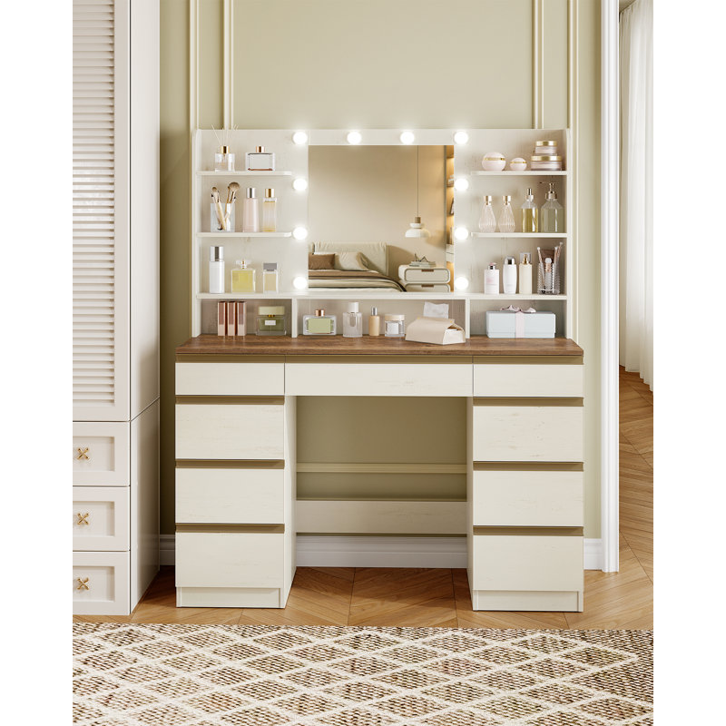 Dressing Table with Bulb/LED Light, Vanity Desk with 1 Large Drawer and 8 Small Drawer Cabinets, Adjustable Brightness, Large HD Mirror, 9 Open Storage Areas