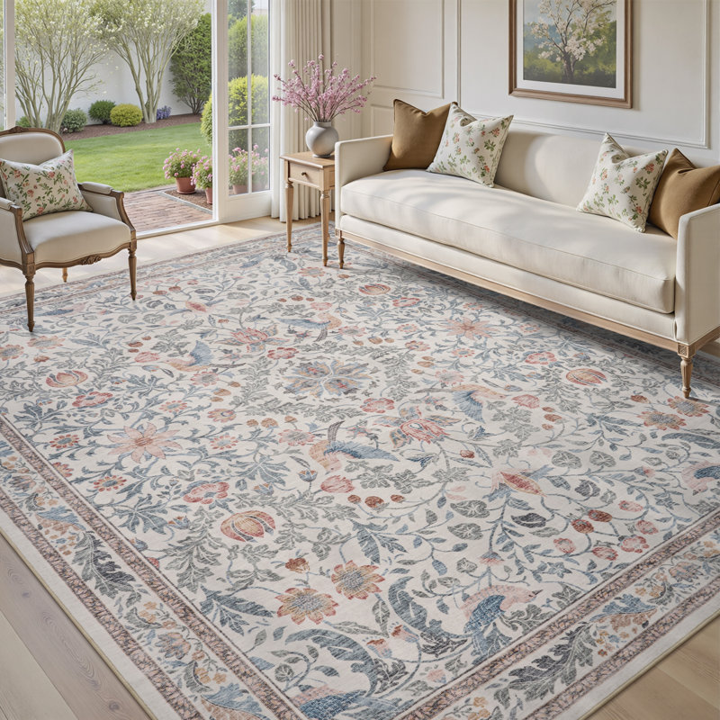 Soft Multicolor Vintage Floral Washable Non-Slip Area Rug for Living Room & Bedroom, Rectangle 9' x 12'