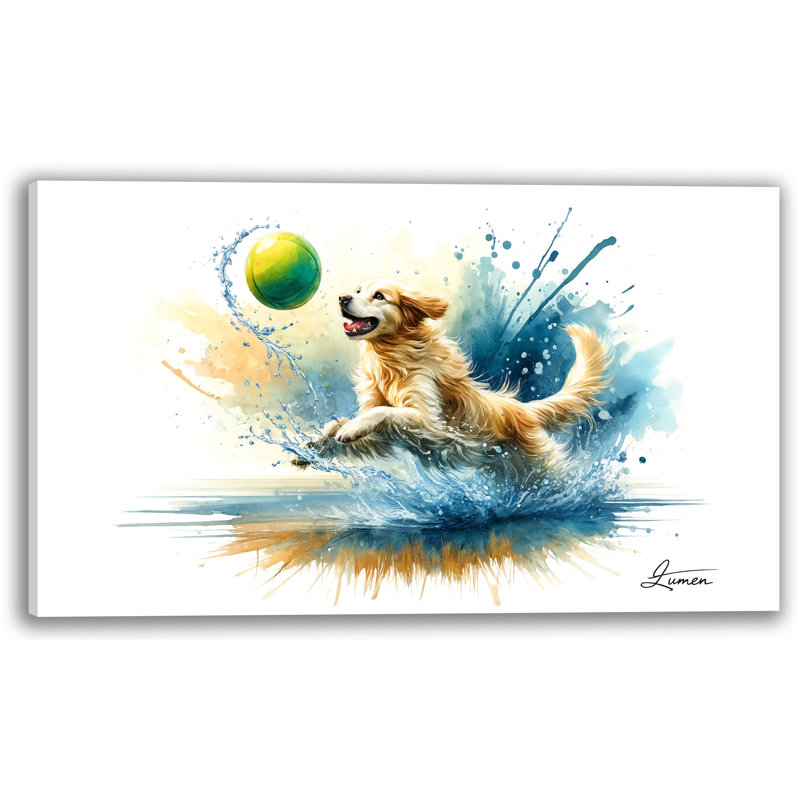 «Leap To Play - Dynamic Canine Splash Watercolor» sur toile, H 20 po x l 35 po x P 1,5 po