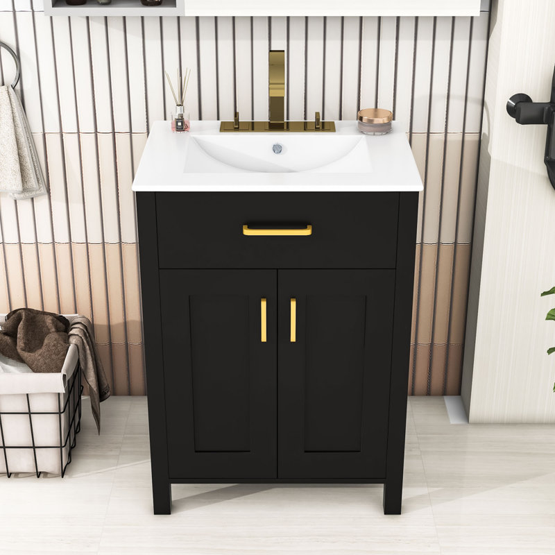 Meuble-lavabo pour salle de bain avec lavabo en céramique, tiroir, armoire de rangement et tablette, Noir