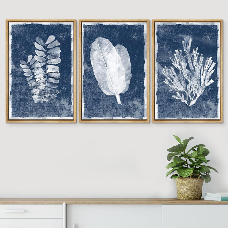 «Minimal Botanical», feuilles de la jungle bleue, art nautique corail, impression sur toile, 3 pièces, Cadre naturel flottant