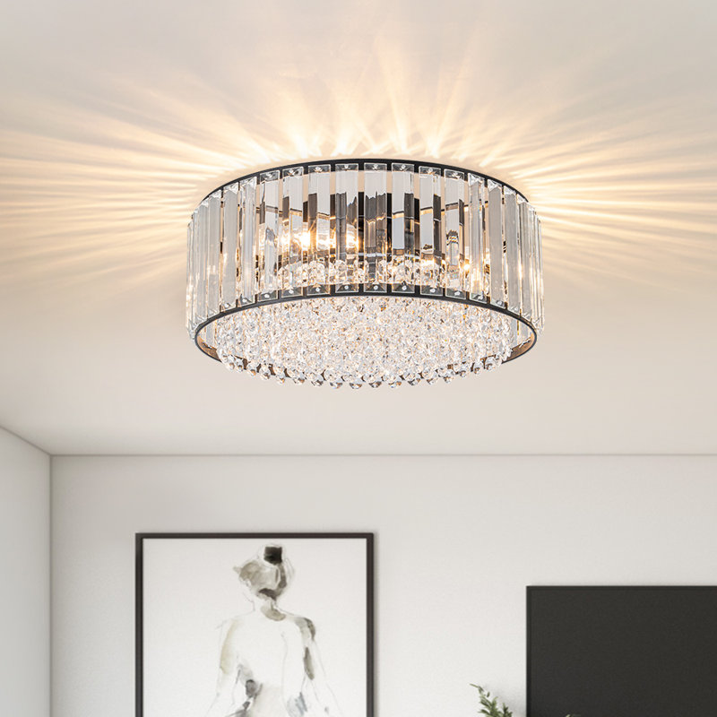 3-Light Round Crystal Flush Mount, Matte Black