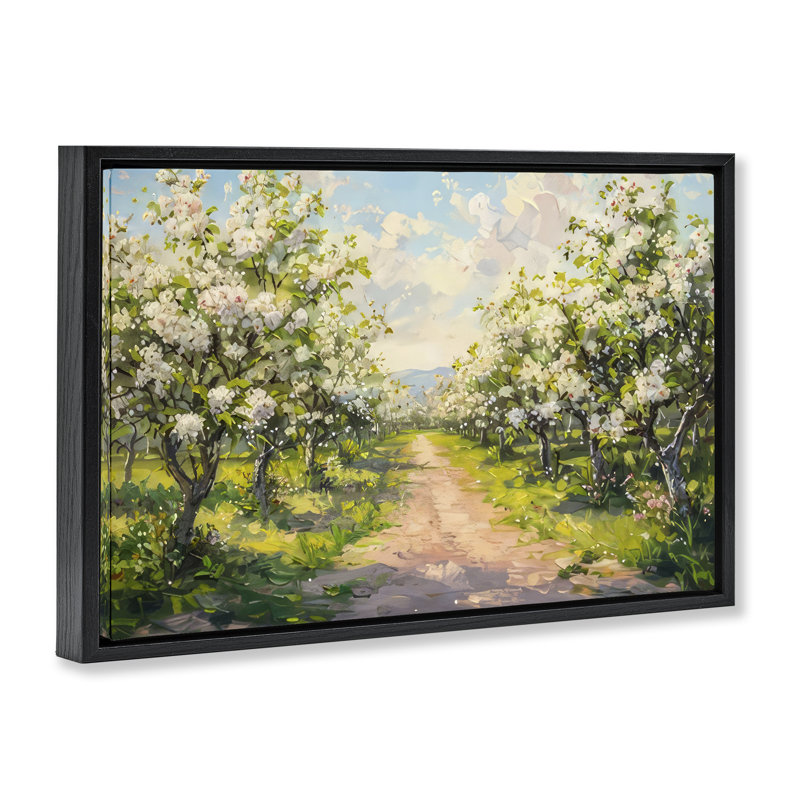 Path Through Flowering Trees Floating Frame, design by LSR Creative Studio, Jet Black Floater Frame, 17" H x 25" W