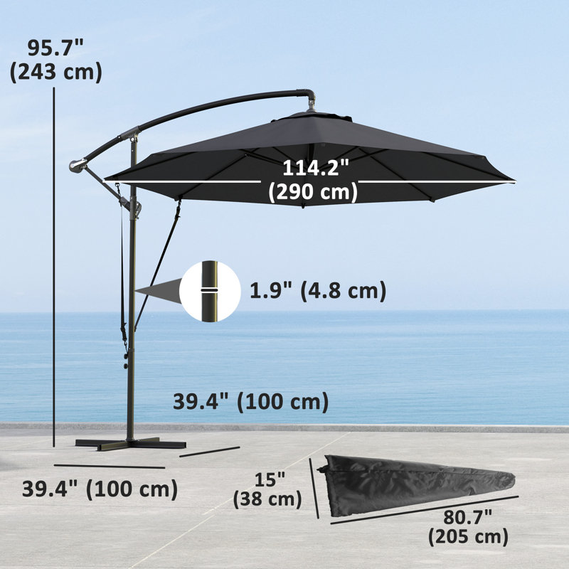Parasol en porte-à-faux 9,5 pi avec sangle de vent, housse, UPF50 +, gris