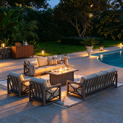 Patio Aluminum Conversation Set with Sunbrella® Cushions and Concrete Fire Pit Table