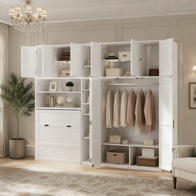 Lit escamotable double avec armoire, rangement et tablettes DEL