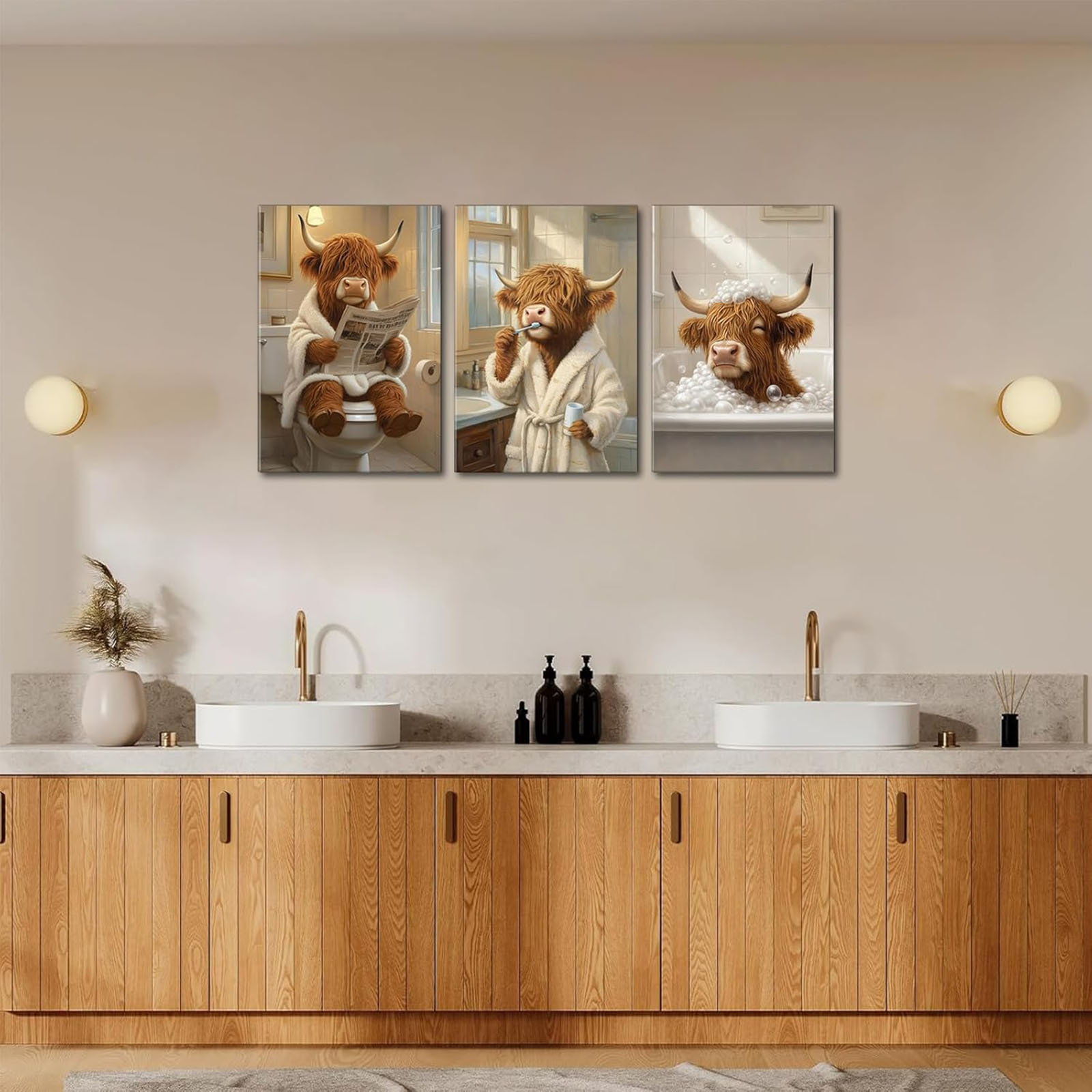 Red Barrel Studio® 3Pcs Funny Bathroom Highland Cow Canvas Wall Art ...
