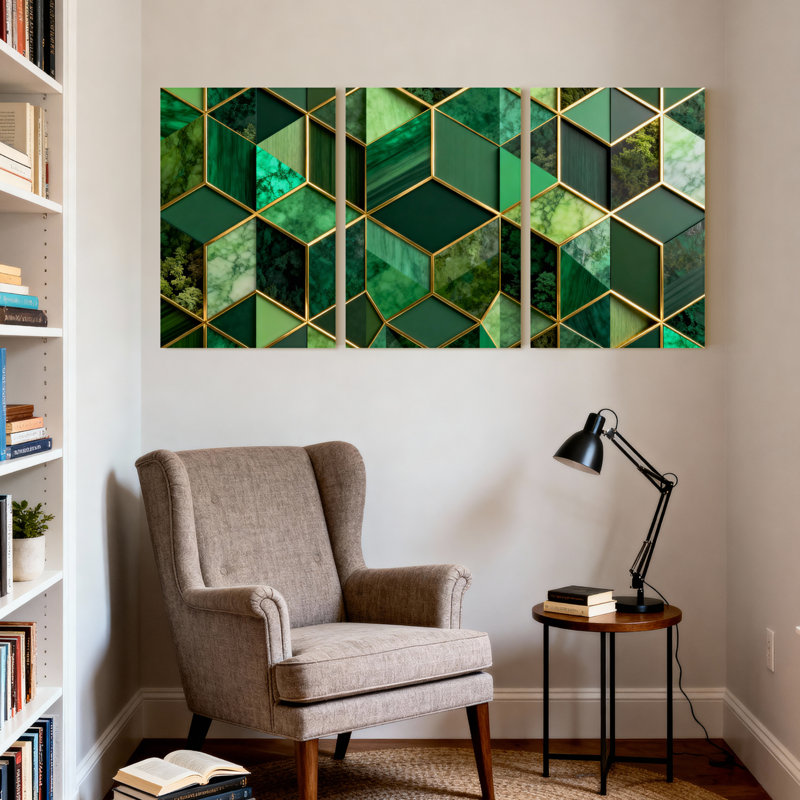 Motif géométrique de marbre vert avec accents dorés, reproduction d'art sur toile tendue sur toile, ensemble de 3