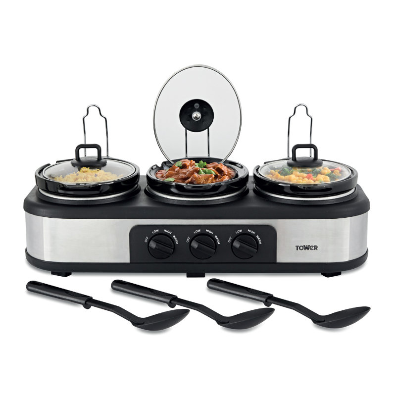 Tower T16015 Three Pot Slow Cooker with Independent Temperature Controls, Keep Warm Function, 4.5L, Stainless Steel