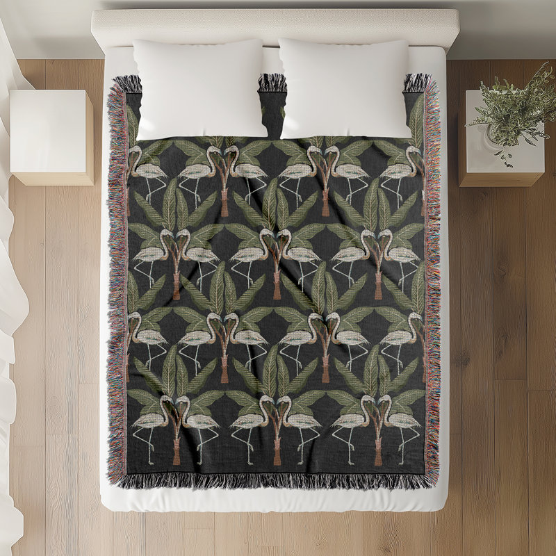 Jeté en mélange de coton Fargo Flamingo, L 70 po x l 50 po, Noir / vert / blanc cassé