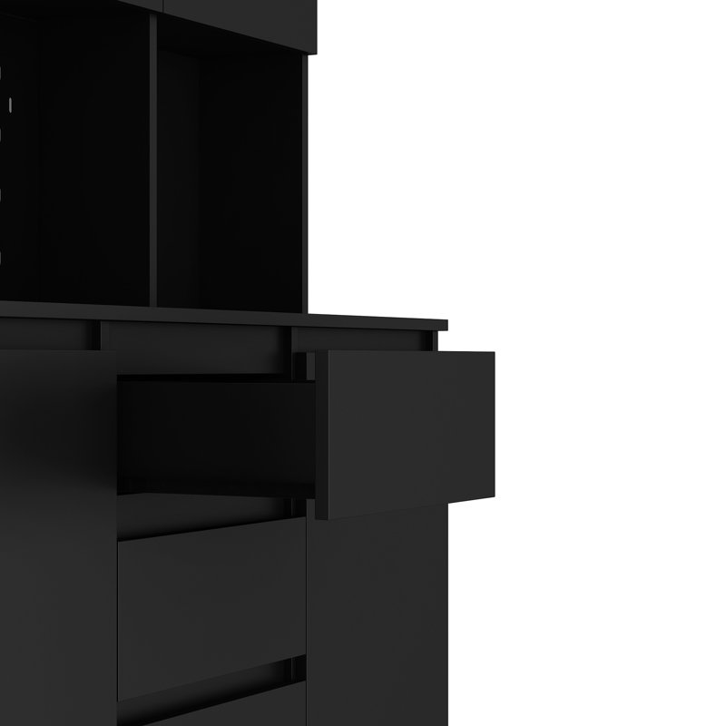 Armoire de rangement autoportante noire 74 po avec 6 portes, 3 tablettes, 2 tiroirs, prises de courant alternatif, ports pour l'organisation de la maison