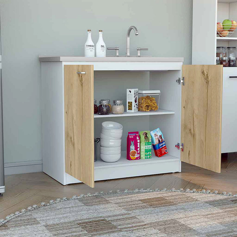 Évier utilitaire avec armoire, une tablette, armoire à deux portes - chêne blanc / chêne clair