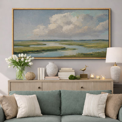 Blue Sky Coastal Marsh Landscape Artwork, Living Room Pictures, Framed Canvas Giclee Print 3 Pieces Wall Art