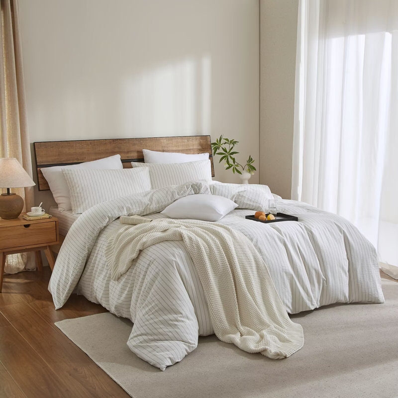 XINMIANFANG Striped Duvet Cover Set 100% Washed Cotton Comforter Cover for All Seasons Linen Feel Bedding Set, White/Green