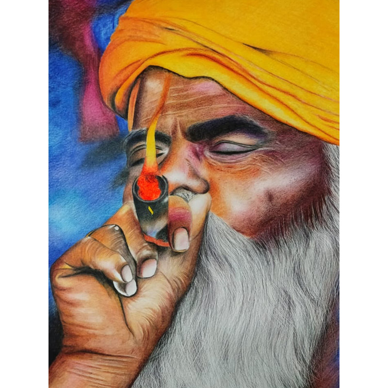 Fumeur Sadhu au crayon sur feuille de cartouche par Suman Das - 23,6 po x 16,5 po, art spirituel indien figuratif détaillé, décoration murale contemplative ascétique