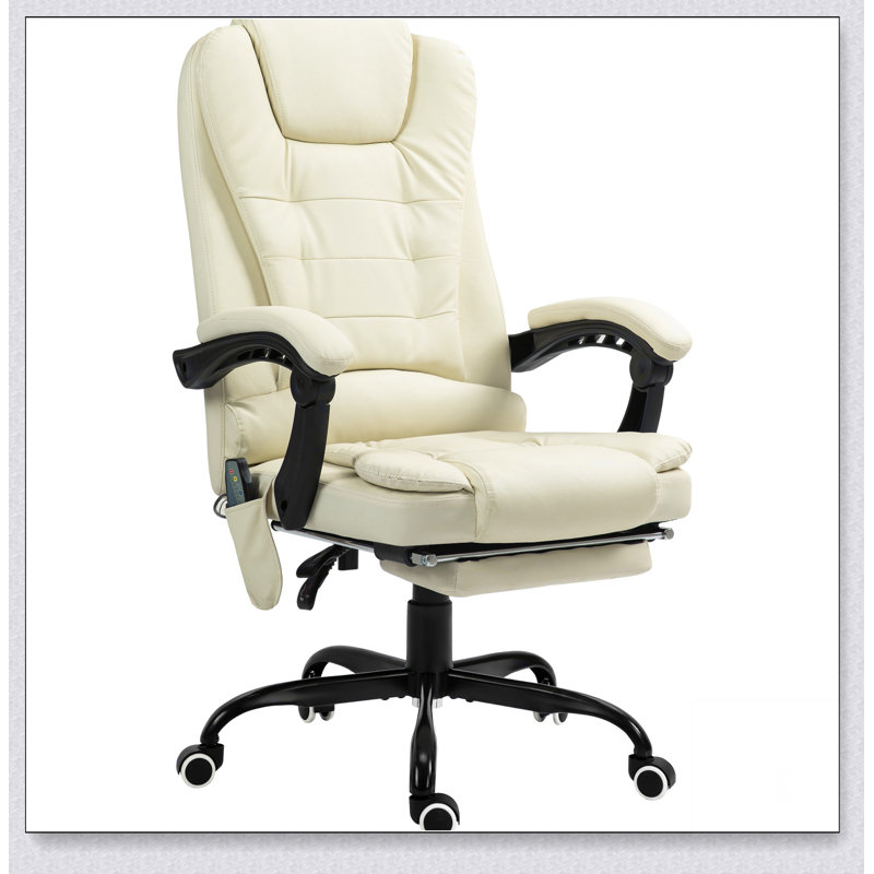 Chaise de bureau avec structure en métal, similicuir, pivotant, soutien lombaire, massage, hauteur réglable, Blanc, crème