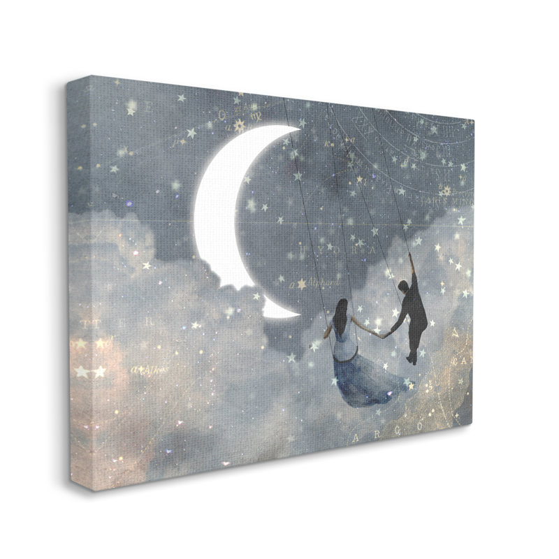 Ciel céleste gris et bleu se balançant près du croissant de lune et des étoiles, Toile tendue, L 36 po x H 48 po