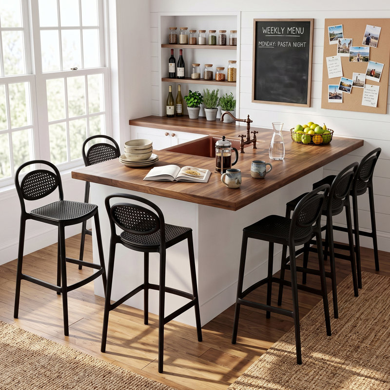 Tabouret de bar empilable de 76 cm (29,9 po), tabouret de comptoir en plastique résistant aux intempéries, sans assemblage, avec dossier et assise imitation rotin pour une utilisation intérieure et extérieure.