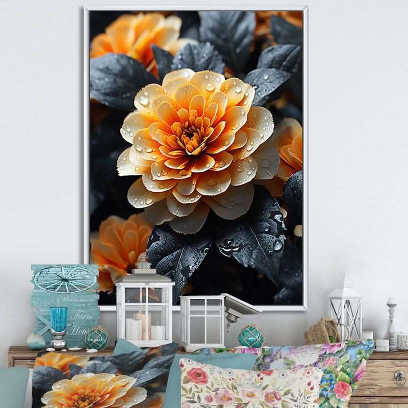 Volrad - champ de fleurs de corail, souci doré - impression, H 20 po x l 12 po x P 1 po, Cadre flottant blanc