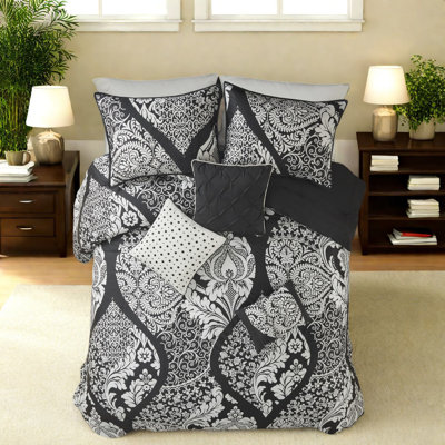 Elegant 7-piece Cotton Bedding Set, Black Damask Design, Queen Size