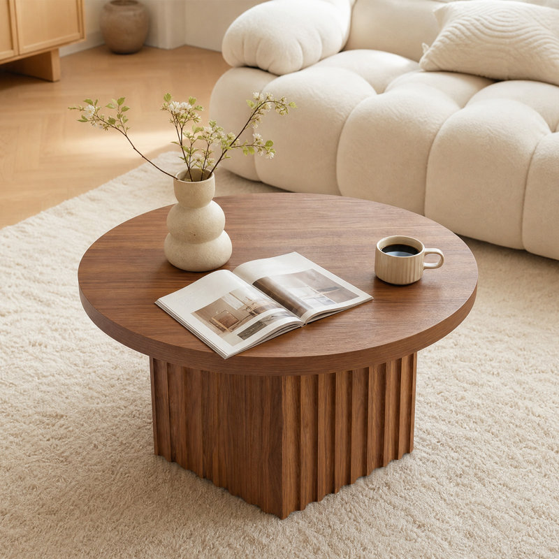 Table basse ronde, table basse cannelée en bois 31,5 po | Table d'appoint circulaire pour le salon, Brown