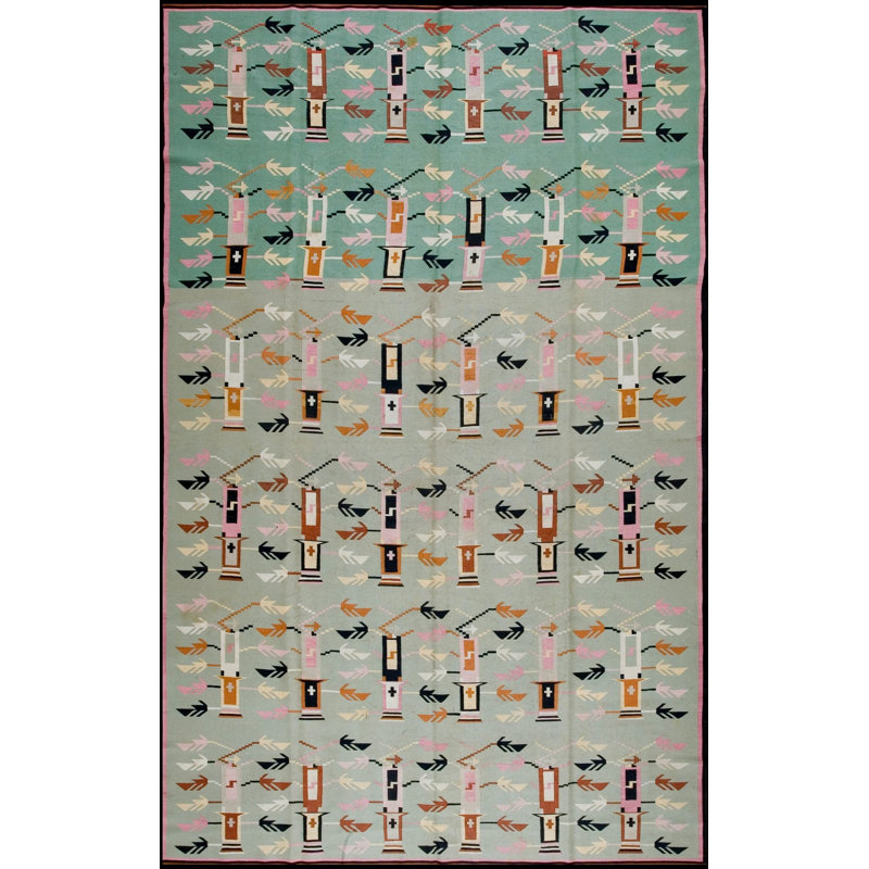 Rare Teal Color Antique Beautiful Geometric Pattern Bessarabian Flatwoven Kilim Room Size Rug