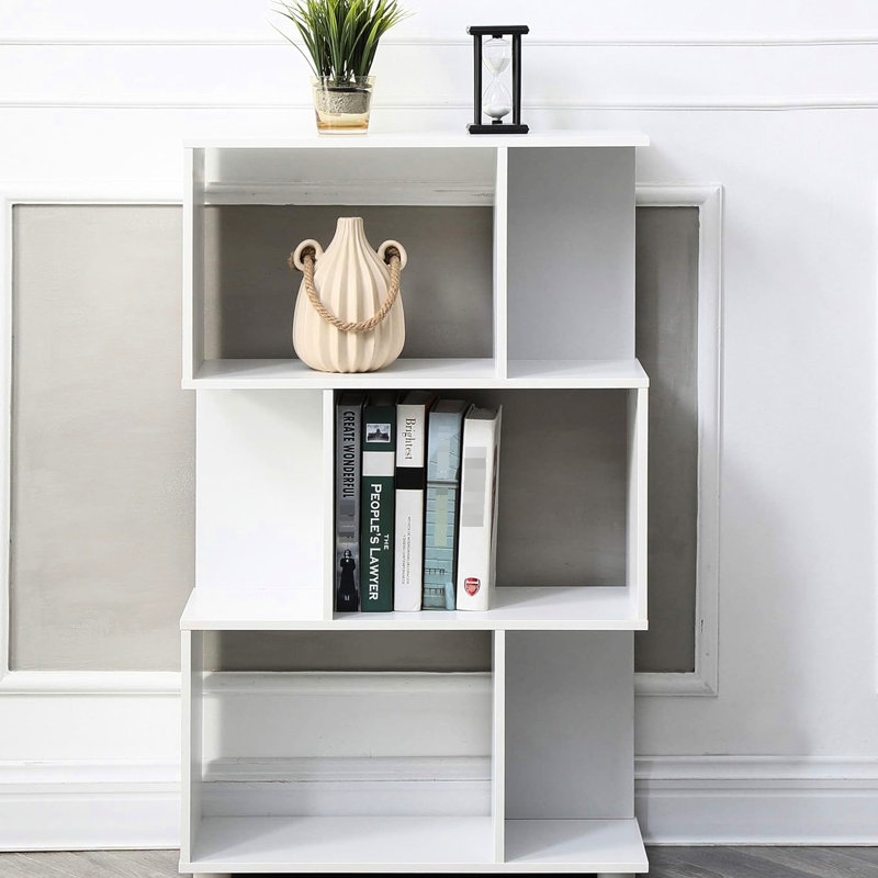 Bibliothèque blanche à 3 tablettes décalées, rangement pour appareils électroniques, livres, décor, bibliothèque en bois américain, facile à assembler