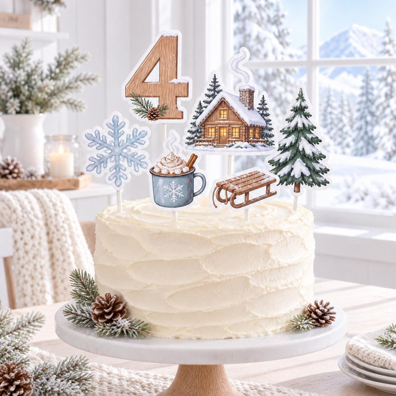 Ensemble de décorations personnalisées pour gâteau d'anniversaire sur le thème d'un chalet d'hiver chaleureux (Âge : 5 ans), en papier cartonné enneigé