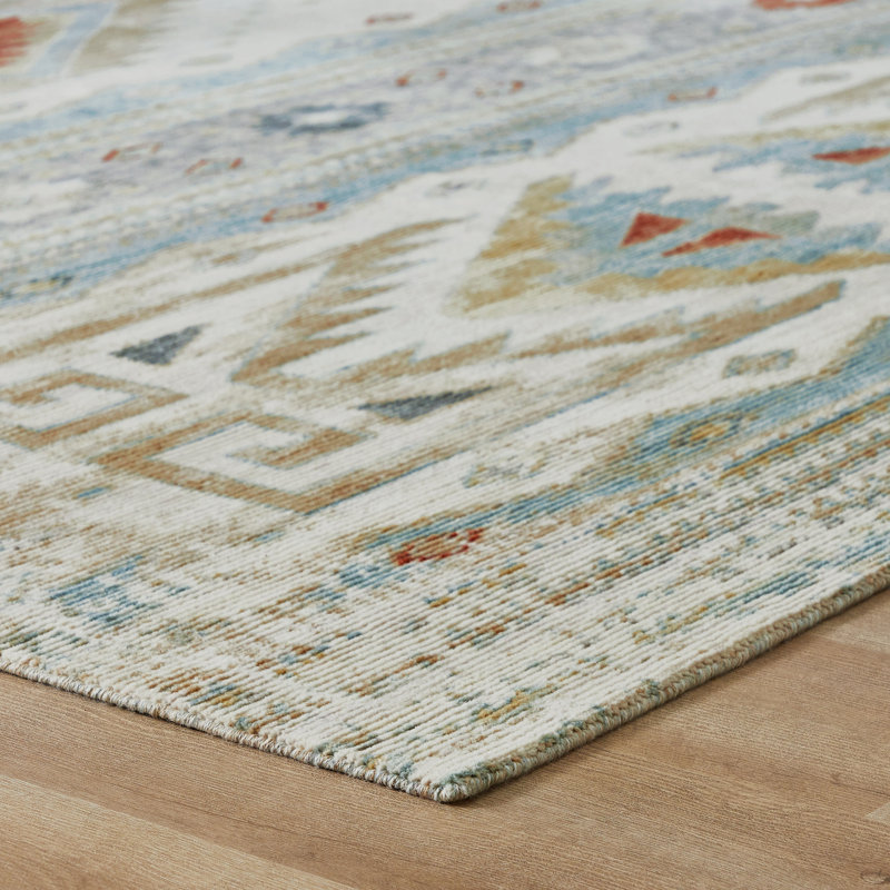 Sundance Mesa Weathered Ivory Teal Wool Hand Crafted Area Rug, Rectangle 7'6" x 9'6"