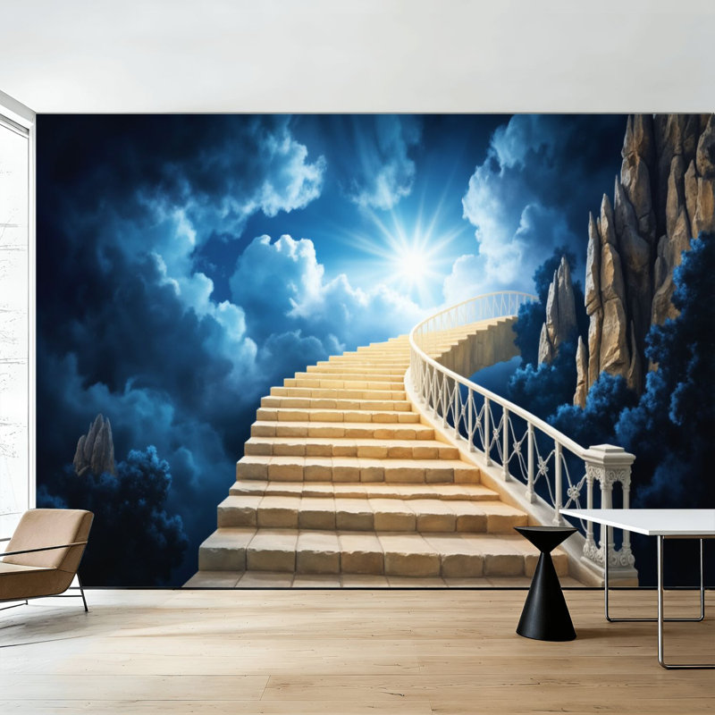 Papier peint adhésif pelez et collez, "Escalier vers le ciel au milieu des nuages bleus", "Falaises rocheuses", auto-adhésif et amovible